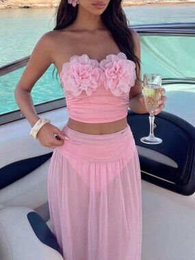 Pink Sexy Women's 3-Pc bikini Set with coverup Skirt